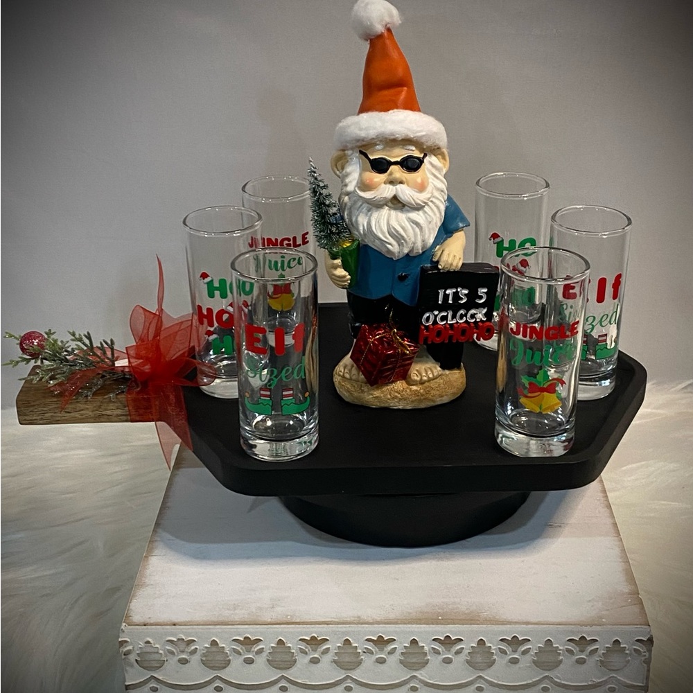 New Christmas Shot Glasses (6) with the Grand Elf Himself Açaí Wood Serving Tray